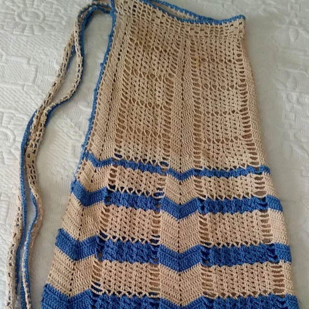 Vintage 1950s Hand Crocheted Hostess Half Aprons - Blue and White and Multicolor